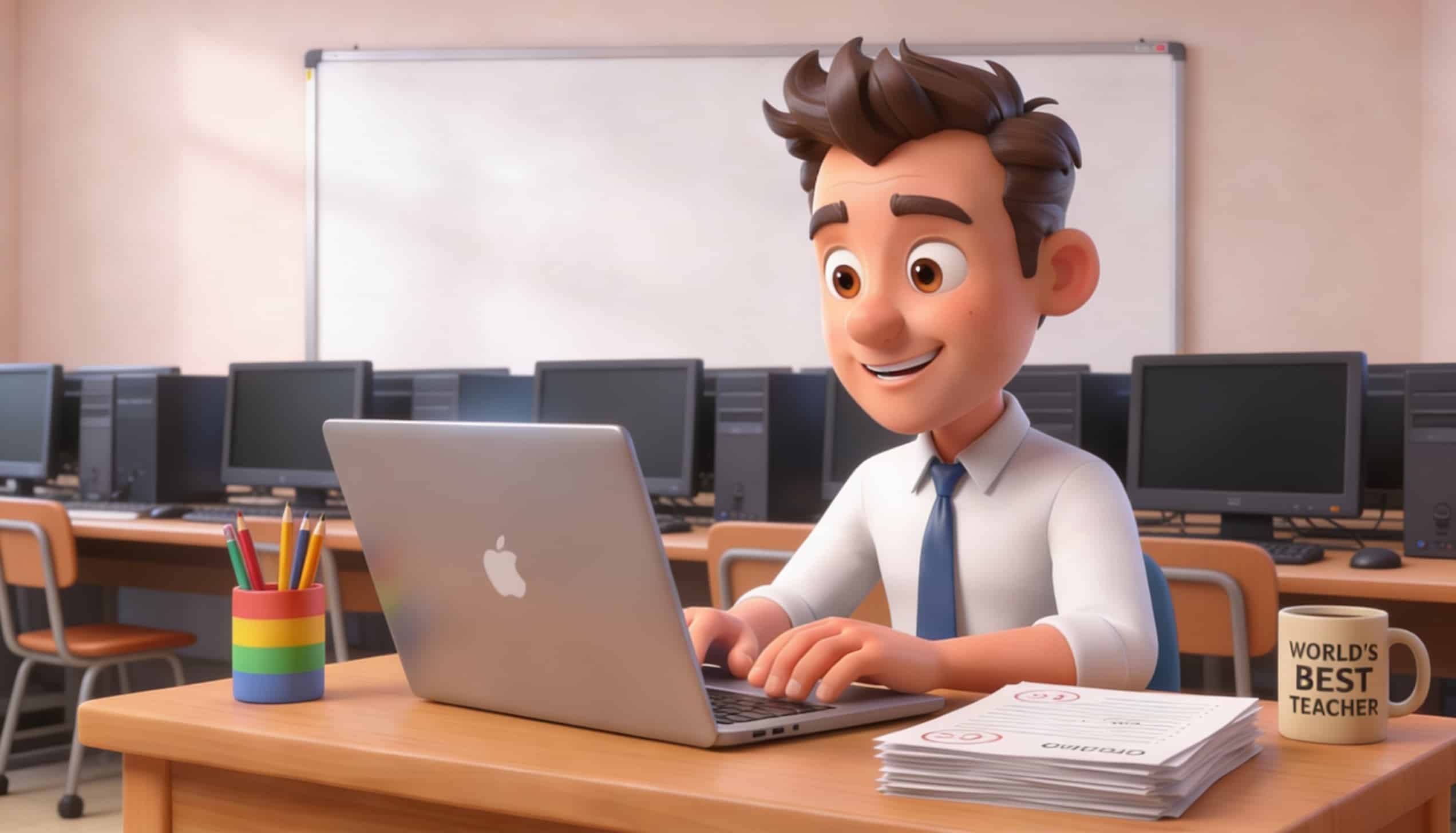 Teacher looking at a laptop computer.