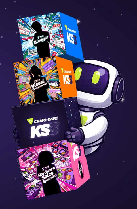 Robot holding key stage 3 boxes.